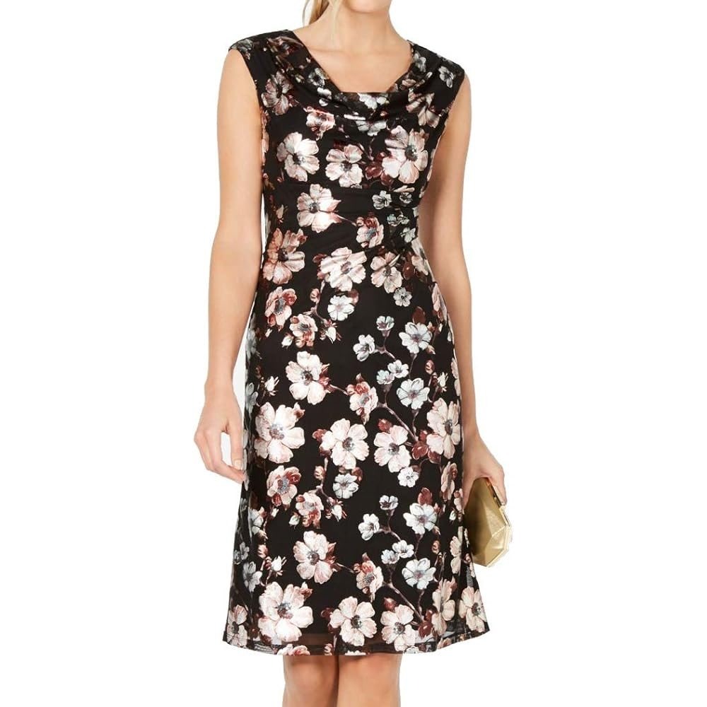 Connected Apparel Black Floral Cowl Neck Sleeveless Midi‎ Dress size 8